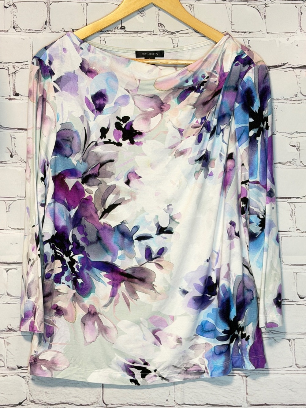 ST JOHN WATERCOLOR LONG SLEEVE KNOT TOP FLORAL EASY WEAR CHIC SIZE LARGE - Picture 2 of 9